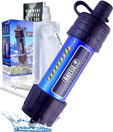BAYTIZ ® Paille Filtrante de Survie + Gourde Souple - Purificateur d'Eau pour Randonnée Camping Bushcraft - Filtre à Eau de Poche, Materiel Militaire Accessoires Survivalisme Equipement Kit Voyage