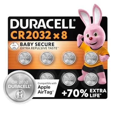 DURACELL CR2032 Piles Boutons au lithium 3V (lot de 8) - Jusqu’à +70 % de longévité - Technologie Sécurité Enfant - Recommandées pour l’AirTag d’Apple - Clés, appareils maison, sport et médicaux