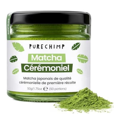 Thé Vert en Poudre au Matcha 50g par PureChimp | Matcha de Cérémonie du Japon | Sans Pesticide | Pot en Verre Recyclable & Couvercle en Aluminium