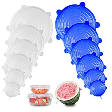 Firschoie Lot de 12 Couvercles en silicone, Réutilisable et extensible en permanence, Couvercles de différentes tailles, pour bocaux, bols, bouteilles(Bleu blanc)