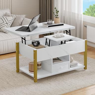 YITAHOME Table Basse Réglable en Hauteur, Multifonctionnelle 4 en 1 avec Espace de Rangement, Se Transforme en Table de Salle à Manger pour Le Salon, Marbre Blanc