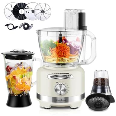 Homtone 1000W Robot de Cuisine Polyvalent, 10 en 1 Robot Culinaire, Blender, Broyeur, Coupeur, Râpeur, Batteur, Presse-agrumes, Hachoir à Viande, Capacité de 3L, 6 Fonctions Prédéfinies