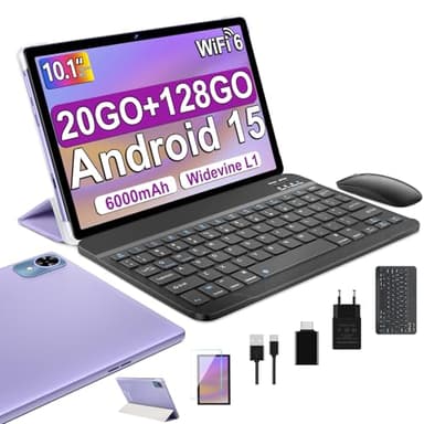 fezawio 2025 Dernier 10 Pouces Tablette Android 15 avec 5G Wi-FI 6,20 GO RAM+128 GO ROM (1To TF),Octa-Core Tablette Tactile PC,GMS,Widevine L1,6000mAh,8 MP+5 MP,avec Clavier+Souris et Cas,Violet