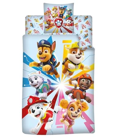 Aymax Parure de lit 3 Pièces Pat' Patrouille - Housse de Couette 140x200 cm + Taie d'oreiller 63x63 cm + Drap-Housse Assorti 90x190 cm, avec Ruben, Stella, Everest, Chase, Marcus, Rocky et Zuma