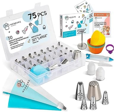 Wenburg Kit de Douille Patisserie Professionnelle - 75 Pièces - Différentes Poches A Douille Patisserie - Douilles à Pâtisserie avec de Nombreux Accessoire Patisserie y Compris E Book (Set Large)