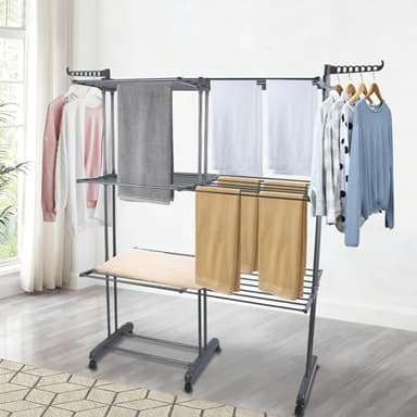 OHMG Séchoir à Linge Extensible,Etendoir Linge Interieur-Exterieur Pliable à 4 Niveaux,12 Plateaux Rétractables+2 Ailes Latérales avec Support pour Cintres + Porte-Chaussures, roulettes 360°