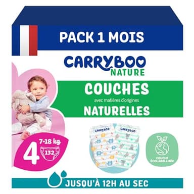 CARRYBOO - Couches Taille 4 (7-18kg) - Peaux sensibles - Naturelles et Ultra absorbantes - 12h Anti-fuites - Sans ingrédients indésirables - Fabriquées en France - 132 Couches - Pack 1 Mois