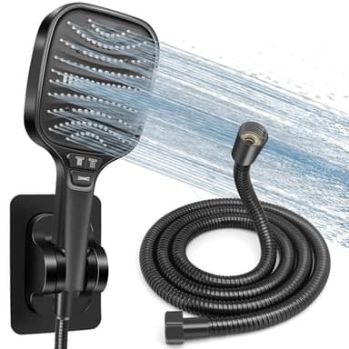 HNOOM Kit Douche Haute Pression, Pommeau de Douche Anti-Calcaire 120mm 8 Modes + Tuyau 1.5m Inox + Support Sans Perçage, Douchette Économie d'Eau, Compatible Salle de Bain(Noir)