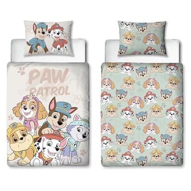 Housse de Couette Officielle pour lit bébé Paw Patrol Character World | Parure de lit Junior réversible Double Face au Design esquissé, avec taie d'oreiller Assortie. Marques