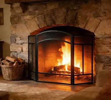 Kingson Écran de cheminée 3 panneaux en arc avec protection contre les étincelles – Écran en maille d’acier noir avec charnières piano – Pare-feu pliant sûr pour les enfants – 96,5 x 61 cm