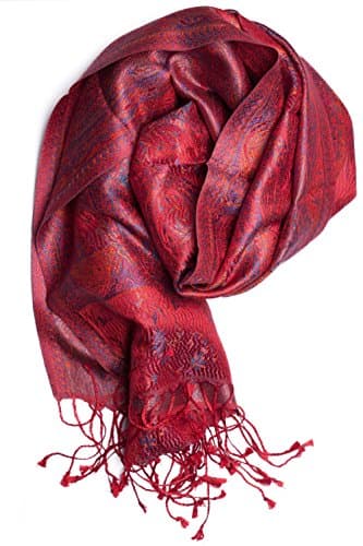Foulard en 100% soie Pashmina de l'Inde pour femmes et hommes, motif cachemire, 160 x 35 cm - écharpe en soie pure, Rouge