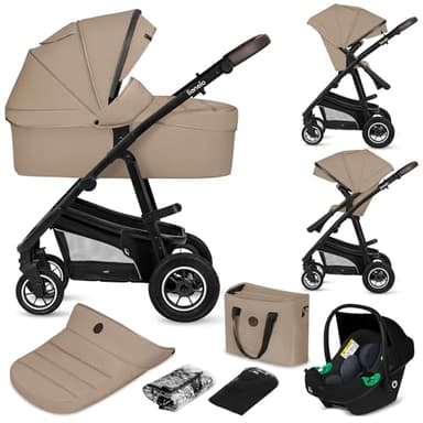 LIONELO BIANKA Poussette 3 en 1 max 22 kg Nacelle max 9 kg Siège-auto max 13 kg Poussette Pliable Système de Voyage Dossier Réglable Roues 360° Amorti Auvent XXL Trio poussettes combinées