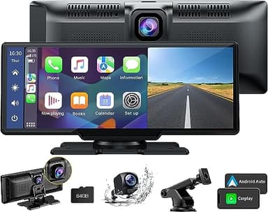 Lamto sans Fil A-pple Carplay et Android Auto, Stéréo de Voiture avec Dashcam Avant 2K, Caméra Arrière 1080P, Portable, écran Tactile de 9,26 Pouce avec Bluetooth/GPS/FM/AUX/Lien Miroir/Carte TF 64G