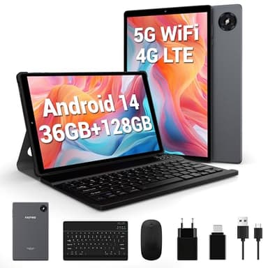 FASTWD Tablette 10 Pouces Android 14 Tablette Tactile 5G WiFi 4G LTE,36Go RAM+128Go ROM,8000mAh,FHD1920*1200 incell,ID Visage,Tablette avec Clavier+Souris-Gris