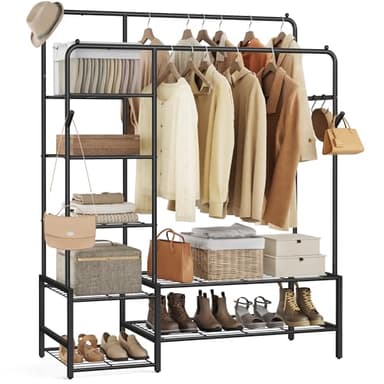 SONGMICS Portant à Vêtements, Armoire Penderie Ouverte, Porte-manteau avec 7 Étagères, Cadre en Métal, Tringles, pour Chambre, Salon, Entrée, Noir HSR182B01
