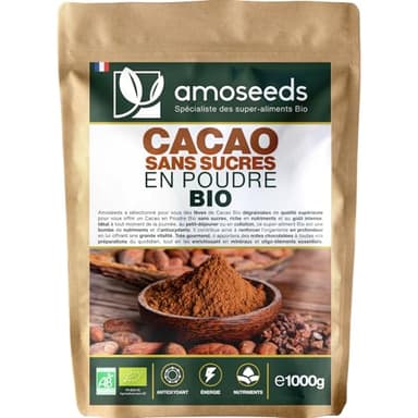 Cacao Sans Sucre en Poudre Bio 1KG | 100% de Fèves de Cacao Dégraissées Bio | Goût chocolaté intense | Qualité Supérieure