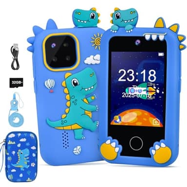 Elecoutek Telephone Portable pour Enfants, Smartphone Portable 3-10 Ans,Téléphone Dinosaur, Smartphone avec Musique Alarme Caméra, Cadeau de Noël pour Enfant (Bleu)