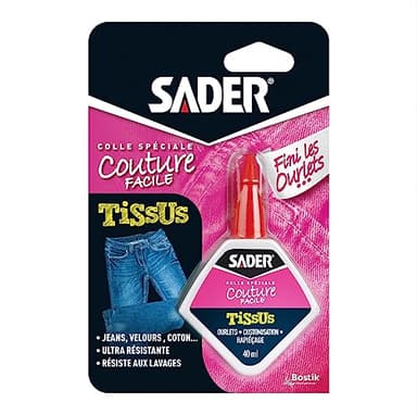 Sader Colle Spéciale Couture "Finis les Ourlets" – Colle Tissus et Textiles : Jeans, Cuir, Coton, etc – Ourlets, Customisation, Rapiéçage – Résiste aux Lavages – Flacon 40 ml Transparent