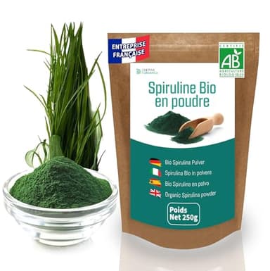DETOX ORGANICA - Spiruline Poudre Bio - 250g de Poudre Naturelle - Riche en Protéines, Antioxydants, Fer et Phycocyanine - 100% Agriculture Biologique Controlée (250G)