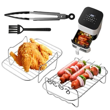 FHISKUNYU Accessoires Air Fryer 8 Pièces - Grille Air Fryer avec Support Cuisson Vapeur, 4 Brochettes, Pinceau Huile & Pince - Grille Air Fryer Ninja 10.4L Compatible Foodi DZ201/401/550