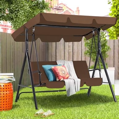 YODOLLA Balancelle de Jardin 3 Places丨Balancoire Extérieure pour Terrasse, Piscine, Porche丨Auvent Réglable & Coussin Amovible丨Charge 204kg, 172 × 112 × 150 cm (Brun)