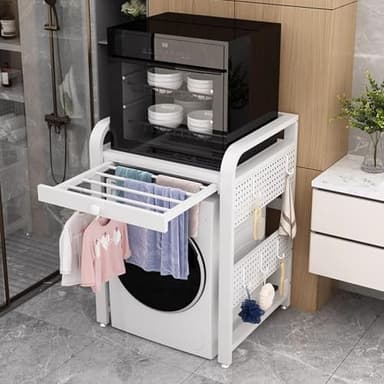 Étagère de rangement robuste pour lave-linge et sèche-linge avec cadre rétractable dissimulé et planche perforée pour salle de bain et appartement