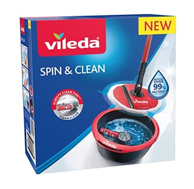 Vileda Spin & Clean Kit Complet Lavage Sol, Système d'essorage Manuel activé par Le Manche, Seau doté d'un Rouleau de Lavage innovant pour Une Housse Toujours Propre, tête de Balai 100% Microfibre