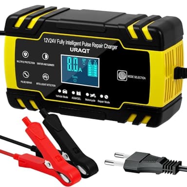 URAQT Chargeur de Batterie Voiture 8A 12V/24V, Chargeur de Batterie Intelligent Moto avec Fonction Réparation, Maintien de Charge Auto, Écran LCD, pour Camion Voiture Moto/AGM/Gel/Wet/SLA
