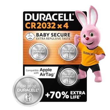 DURACELL CR2032 Piles Boutons au lithium 3V (lot de 4) - Jusqu’à +70 % de longévité - Technologie Sécurité Enfant - Recommandées pour l’AirTag d’Apple - Clés, appareils maison, sport et médicaux
