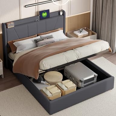 QMTXBYJ Lit Coffre 160x200 avec Sommier à Lattes,Lits Double Rembourré 160x200, Tête de Lit et Port USB,lit Hydraulique avec Rangement, Lits 2 Personnes Cadre de lit en Bois,sans Matelas