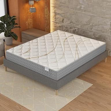 NOVEMBER- Ensemble Matelas + sommier (160 x 200cm)- Matelas Essem Ressorts ensachés & Mousse Haute Densité d’épaisseur 25cm + Sommier Bois Stable & Robuste revêtement Tissu Gris