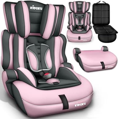 KIDUKU® Siège auto pour enfants avec Protection, évoluant avec la croissance, Norme ECE R129/03, 6 couleurs disponibles, de 9 kg à 36 kg (de 1 à 12 ans), Groupe 1 + 2 + 3 (Gris/Rose)
