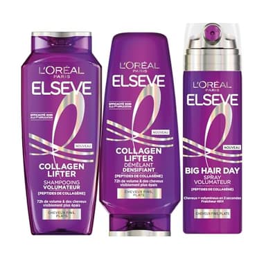 L'Oréal Paris - Routine Effet Lift Instantané - Cheveux Fins & Plats - Volume 72H - Enrichi en Peptides de Collagène - Shampooing, Après-Shampooing, Spray 2 en 1 - Elseve Collagen Lifter