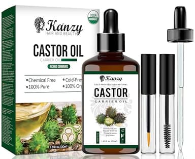 Kanzy Huile de Ricin Bio, Pressée à Froid Pure, Soin 100% Naturel Accelerates, Fortifie Des Cheveux, Barbe, Cils, Sourcils, Ongles, Cuticules la Pousse, Hydrate la Peau et Les Cheveux Castor Oil 50ml