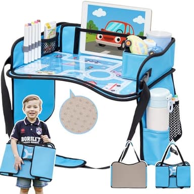 OUOZZZ Plateau de Voyage Enfant Voiture - Tablette Voiture Enfant Pliable avec Tableau Effaçable et Poches de Rangement, Idéal pour Jouer, Dessiner et Manger en Voyage