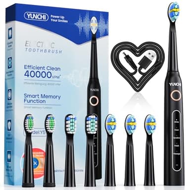 YUNCHI Y5 Brosse à dents électrique rechargeable Sonic avec 8 têtes de brosse à dents 40 000 VPM, minuterie intelligente 5 modes de nettoyage dure 30 jours Brosses à dents électriques pour adultes et