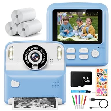 Appareil Photo Instantané Enfant, Kaishengyuan 2,4" 1080P Appareil Photo Enfant avec 32GB Carte & Papier d'impression, Stylos Colorés, Cadeau pour Filles Garçons de 3-12 Ans(Bleu)