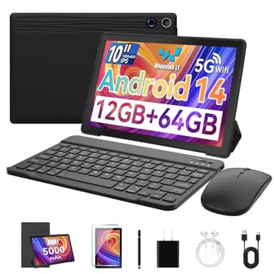 Ainmel 10 Pouces Tablette, Android 14 Tablette avec Clavier, Stylet, Souris, 12Go RAM 64Go ROM 1 to Extension,WiFi 6,BT 5.4, Widevine, 5MP+8MP Camera,Octa-Core Tablettes Tactile PC