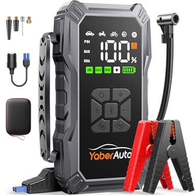 Booster Batterie Voiture avec Compresseur D’Air 150PSI, 5500A YaberAuto Booster Batterie Voiture Puissant (Tous Gaz/Diesel 10L) Démarreur avec Charge Rapide 18W, DC 150W LED 4 Modes 3,3 Grand Écran