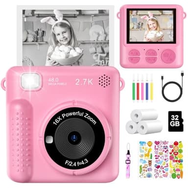 Appareil Photo Instantané Enfant, 2,4" Écran 1080P HD Appareils Photo Numériques Enfant avec Carte 32GB & Papier Thermique, Appareil Photo Enfant Jouet, Cadeau pour Filles Garçons 3-12 Ans