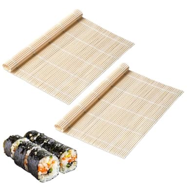 YUVKIN Lot de 2 Tapis à Sushi en Bambou – Makisu pour Rouleaux de Sushi – Tapis de Roulement Idéal pour Sushi Fait Maison ou Autres (23x23cm) (Bambou)