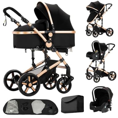 Poussette 3 en 1,set de poussette,double suspension,mécanisme de pliage en un clic pour nouveau-nés et jeunes enfants,sac pour bébé inclus(Noir&Or)