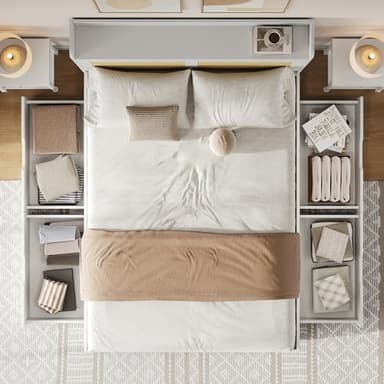 phosir Lit double 140 x 200 cm, avec 4 tiroirs et tête de lit en rotin, fonctionnel, en bois massif, espace de rangement, blanc, avec table de chevet intégrée, sans matelas, pour adultes