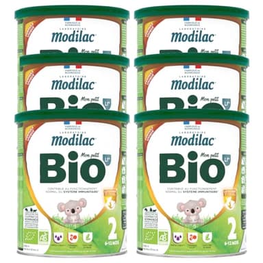 Modilac - Lait Infantile en Poudre Bio 2 Lf+ - Lait 100% Français - Certifié Agriculture Biologique - Convient en Relais de l'Allaitement Maternel - De 6 à 12 Mois - Lot de 6x800g