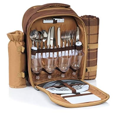 CampFeuer Sac de Pique-Nique pour 4 Personnes | Marron | Set de Pique-Nique à 32 pièces | avec Porte-Bouteilles et Couverture en Polaire, Compartiment réfrigérant, Vaisselle et Couverts