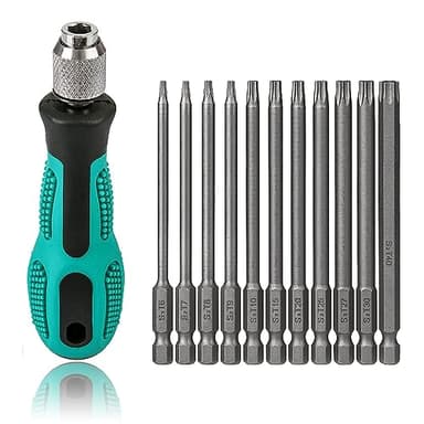 T6-T40 Tournevis Torx 12 pièces 100mm de long Jeu de bits magnétiques Torx avec T30 et poignée, tige hexagonale 1/4 pouce Outils électriques pour visseuse sans fil T20 T25 Tournevis