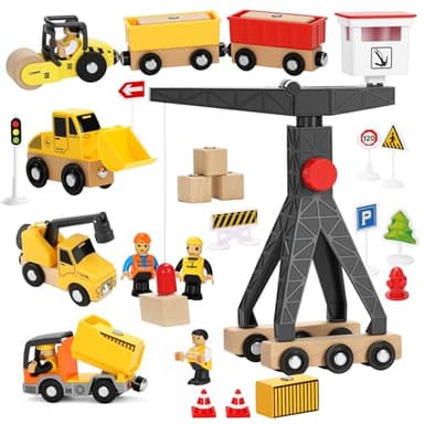 BBWELL Grue Enfant Jeux de Construction,29 Pcs Engins de Chantier Enfant avec Grue Jouet Creuseur Camion-Benne Rouleau Routier Panneaux de Signalisation Cadeau Garçon 2 3 4 5 6 Ans