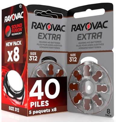 40 Piles pour appareils auditifs Rayovac Extra 312. - 5 Ampoules de 8 Piles