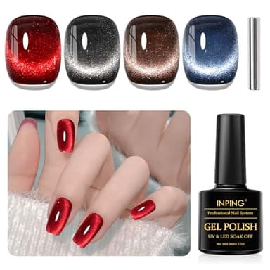 INPING Vernis Semi Permanent Magnétique, 4 Couleurs 9D Rouge Noir Marron Bleu Pailleté Cat Eye Gel Nail Polish avec Bâton Magnétique, Soak Off UV/LED Vernis à Ongles Pour Manucure DIY Home, 8 ML