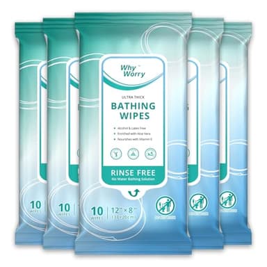 WhyWorry Lingettes Nettoyantes Corps pour Adultes et Personnes Âgées, Extra Épaisses 20 x 30 cm Lingettes de Douche avec Aloès, Idéales pour Gym, Camping et Voyage, Compatibles Micro-ondes, 50 Unité